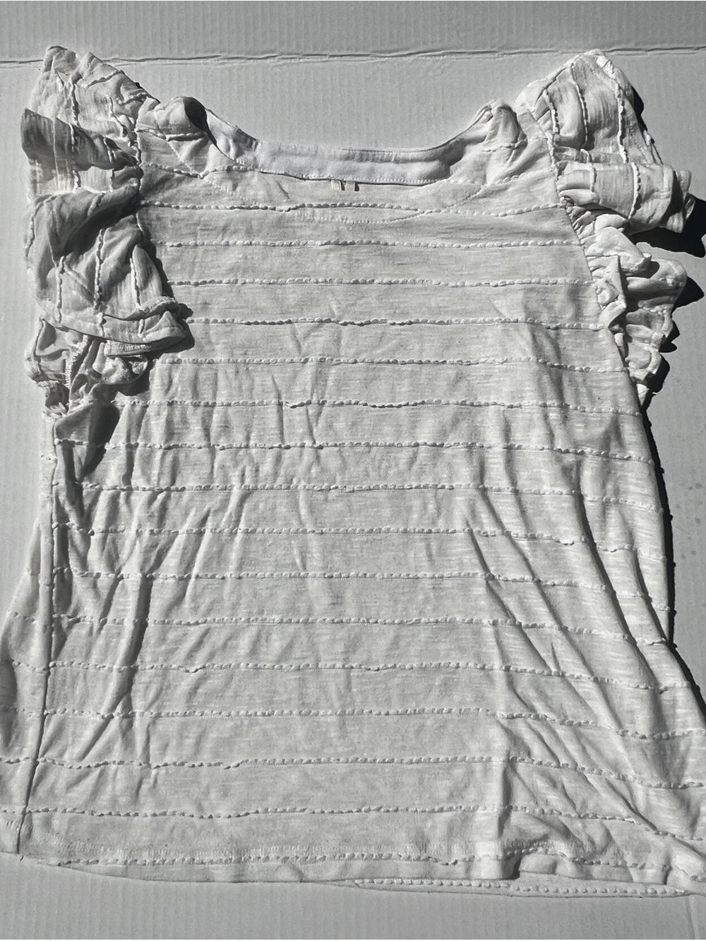 Anthropologie White Ruffle Sleeve Textured Stripe Top - S